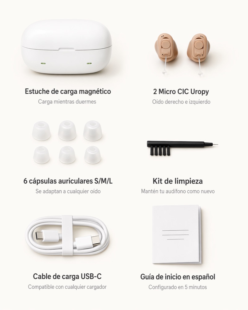 Pełna zawartość pudełka Klarofon: para aparatów Klarofon, etui ładujące, 4 rozmiary wkładek S/M/L/XL, 2 kable USB-C i instrukcja po polsku